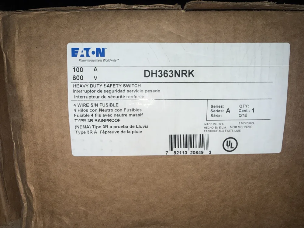 Eaton DH363NRK 100A 3-Pole 600V Fusible Heavy-Duty Safety Switch, NEMA 3R
