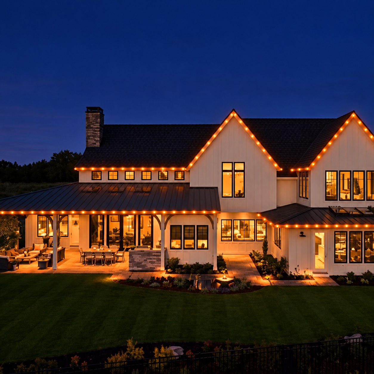 ShowHome permanent LED soffit lighting in warm white on a farmhouse-style home with patio, installed by ZAP Electric