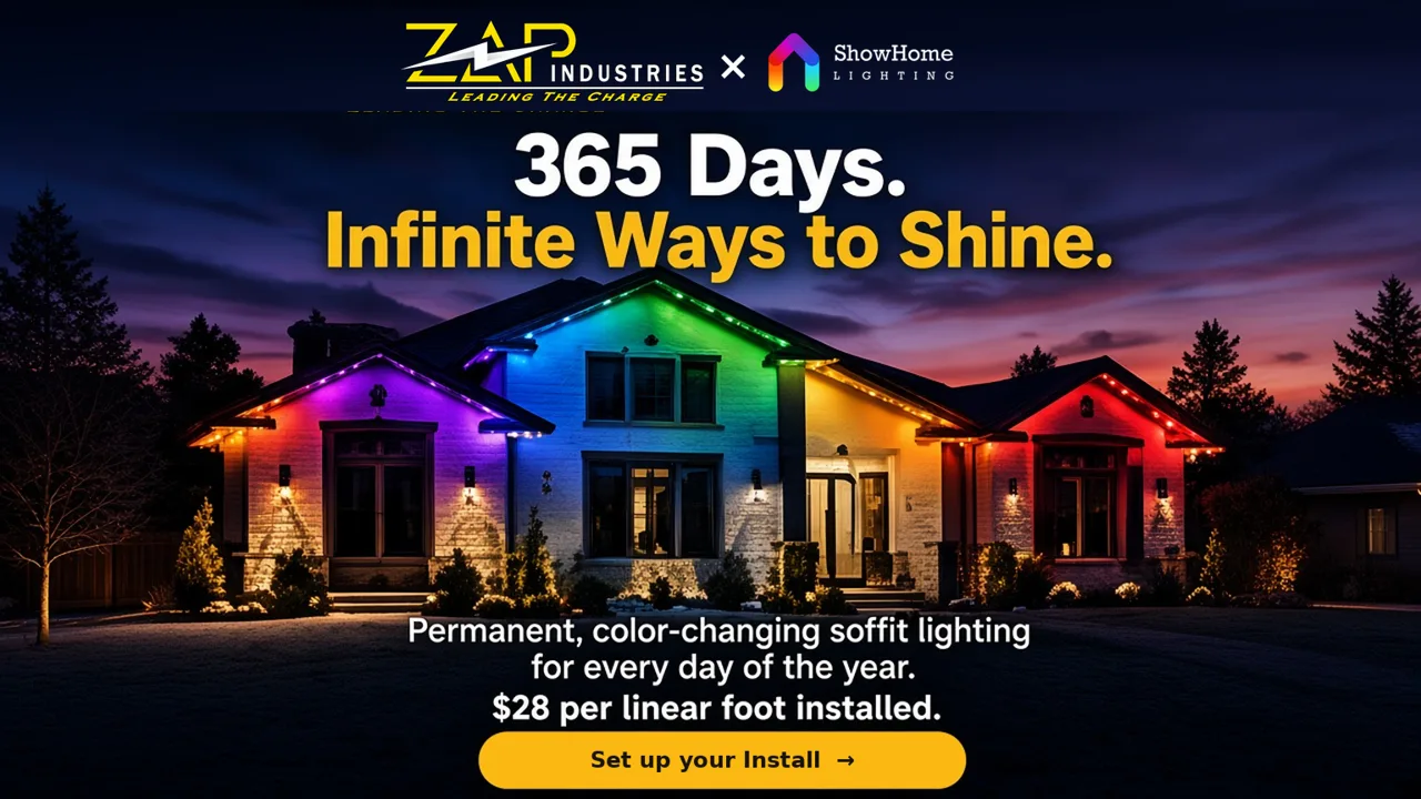 ZAP Industries and ShowHome Lighting permanent color-changing soffit lights on a home